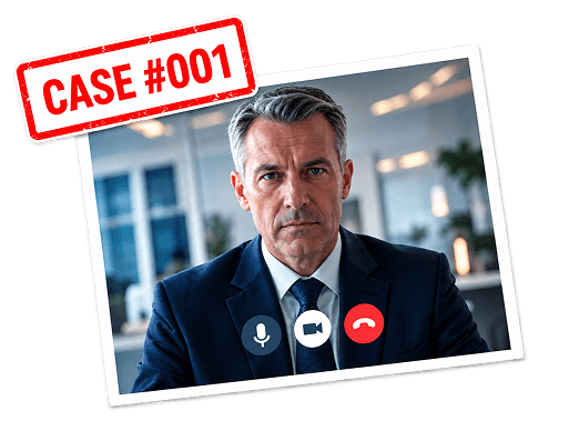 A polaroid of an executive on a video call, stamped Case #001.