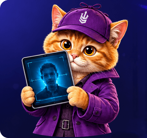 Detective ShiPhu holding a tablet that frames a face in a verification scan.