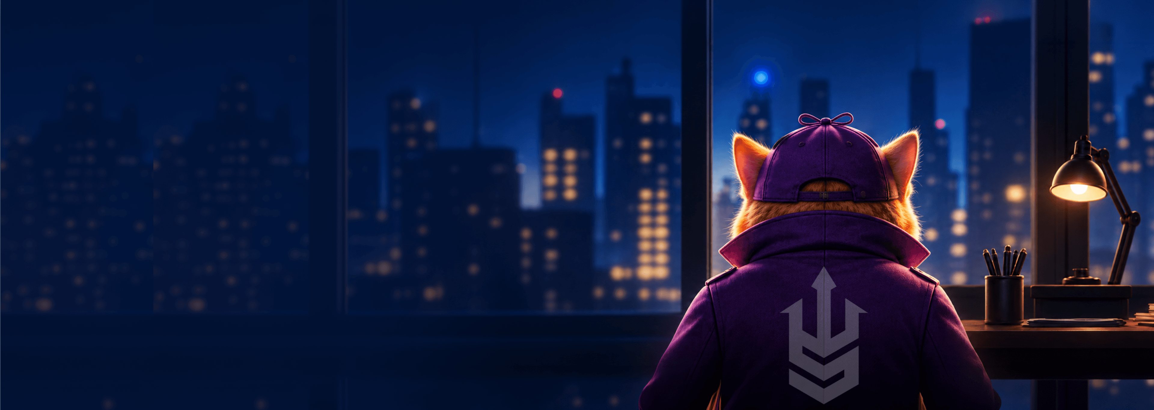 Detective ShiPhu looking out over a city skyline at night.