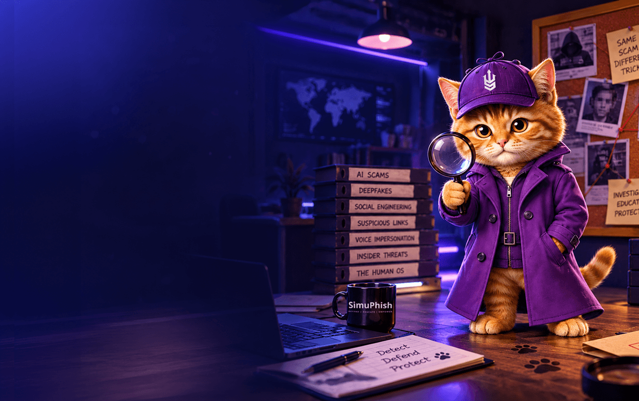 Detective ShiPhu with a magnifying glass at a case desk of AI scam files.